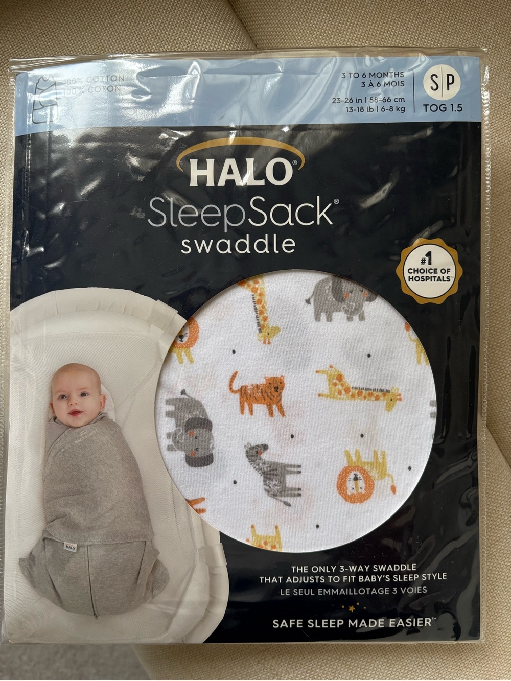 Halo SleepSack Swaddle - White with Orange & Gray Animal Print